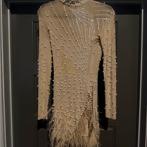 Beige Pearl Embellished Dress with Fringe